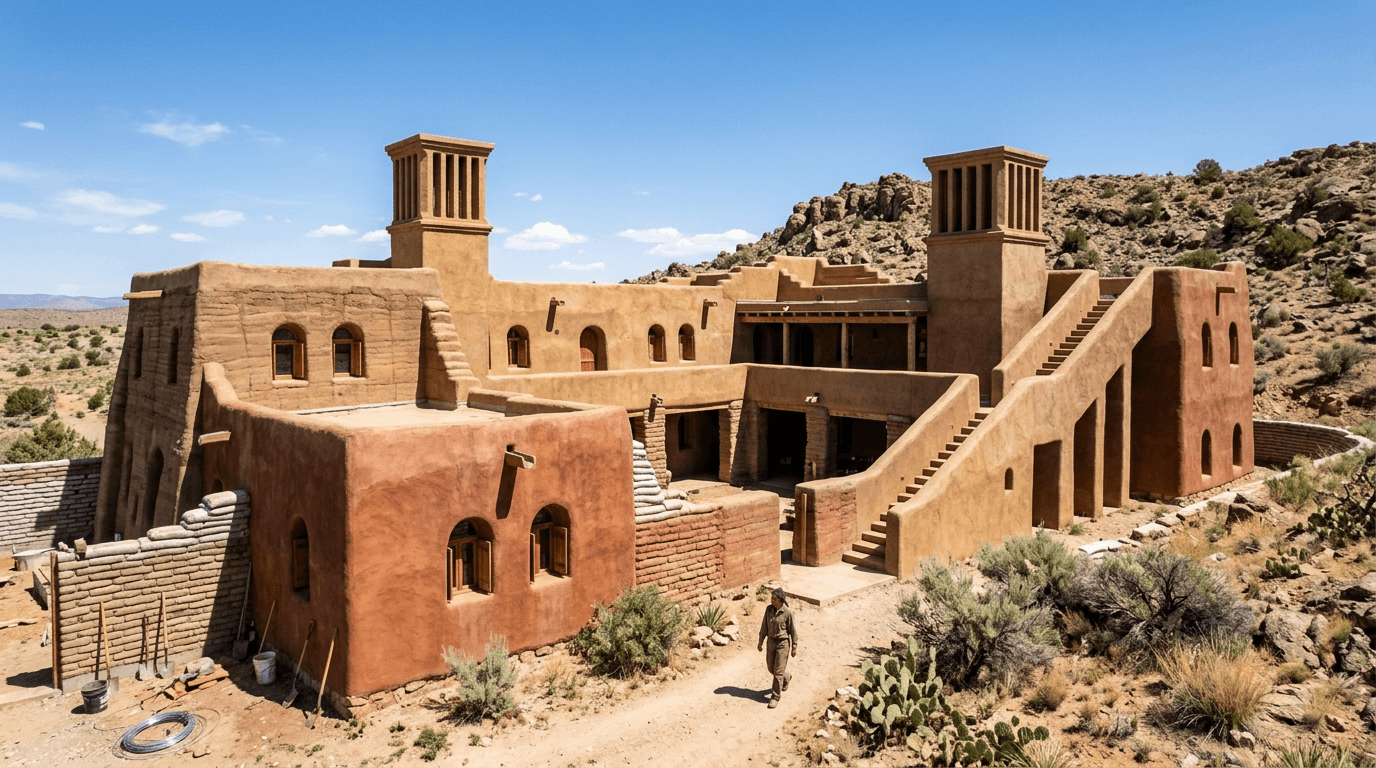 Sun-dried adobe masonry wall construction